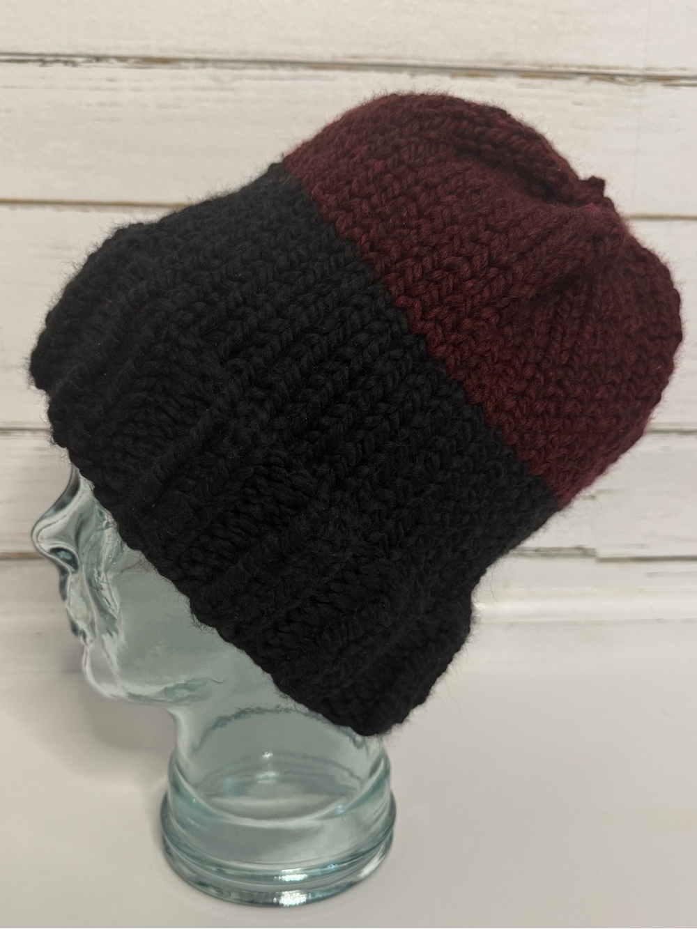 Handmade Burgundy & Black Chunky Knit Beanie | Hand Knit Winter Hat